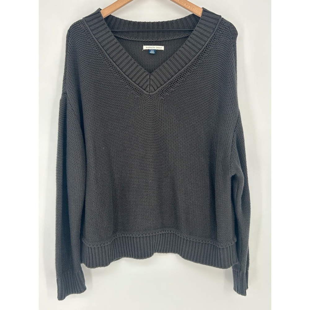 American Eagle V-Neck Oversized 100% Cotton Knit Pullover Sweater Dark Gray-Sz.S